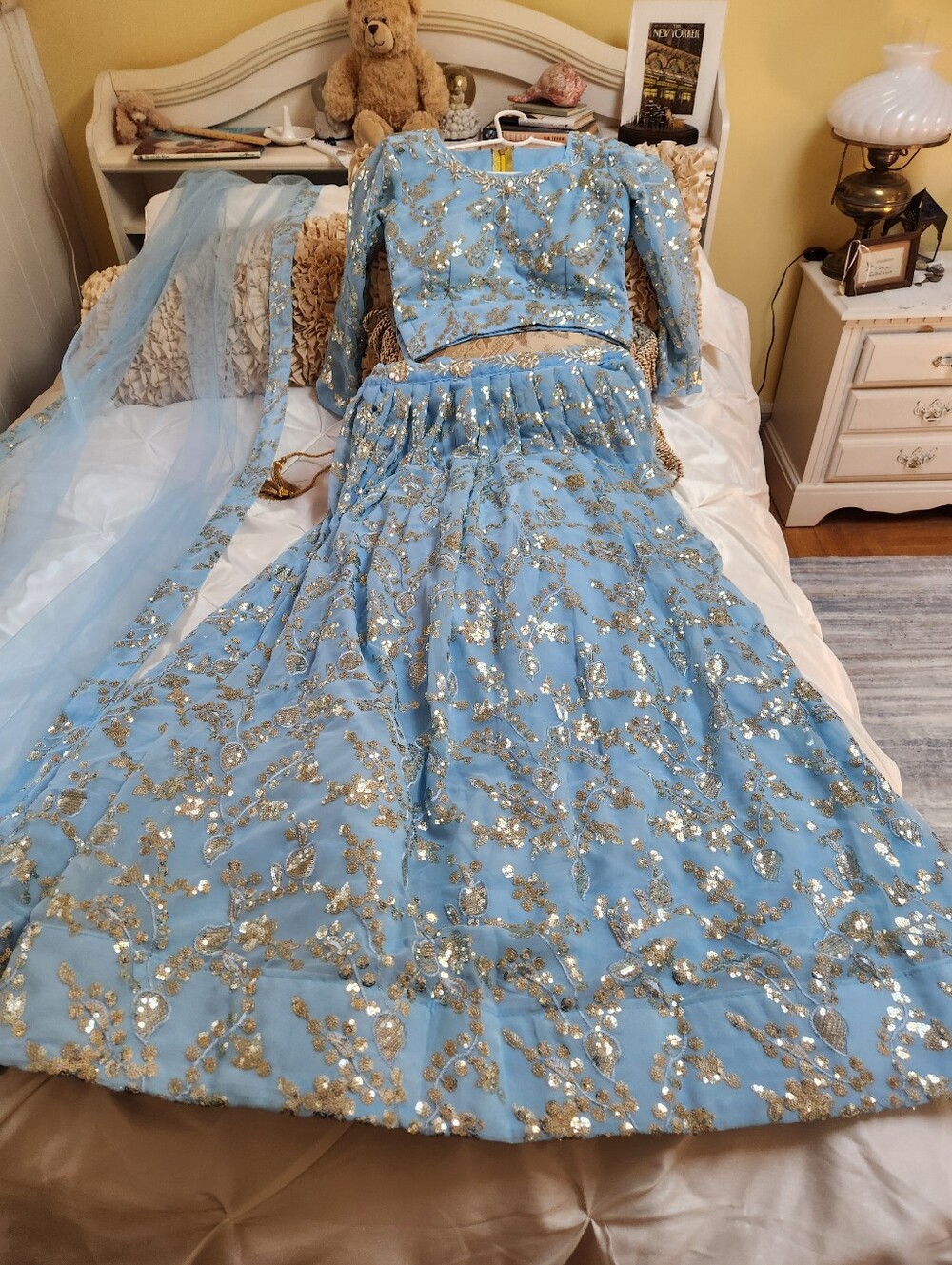 Beautiful Light Blue Embellished Lehenga Set with Silver Sequin Floral Work